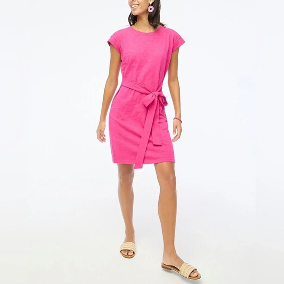 J. crew Short-sleeve cotton slub- knit tie-waist pink T-shirt dress in medium - Picture 2 of 7